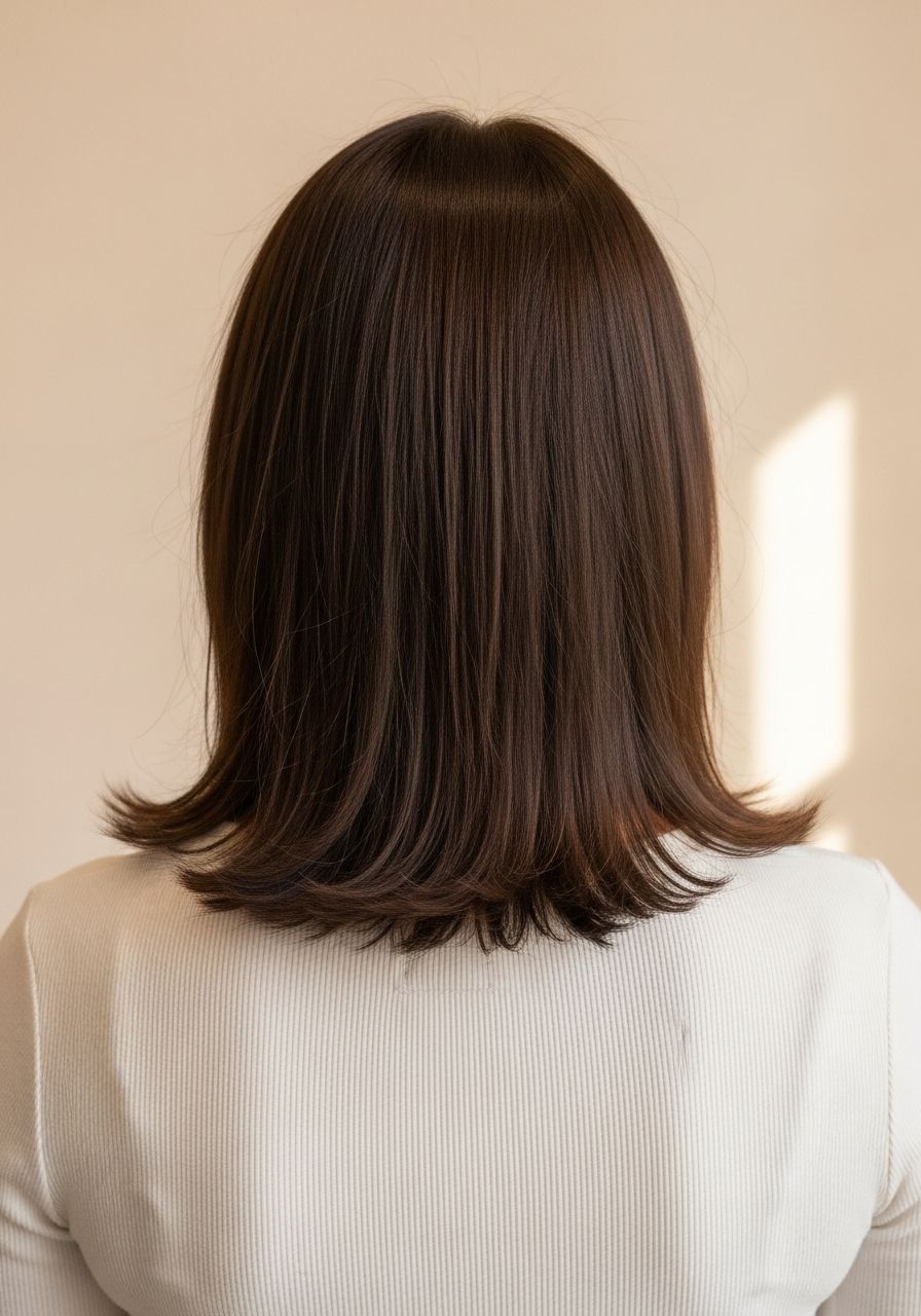 Brunette colour Eton, back-of-head before reference, mid-back length dull faded uneven medium-brown hair with grown-out roots, illustrative example for Leo & Simon Hair Salon, Eton near Windsor