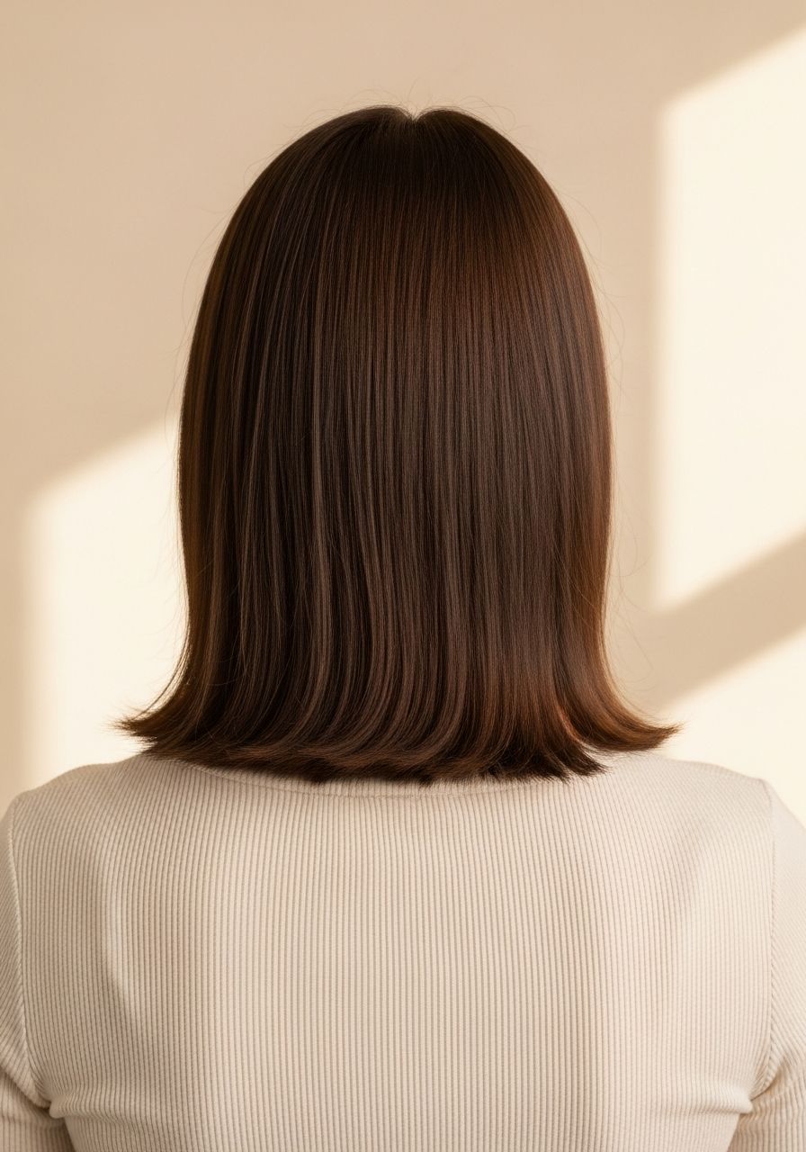 Hair extensions Eton, back-of-head before reference, shoulder-length fine flat undone medium-brown hair, illustrative example for Leo & Simon Hair Salon, Eton near Windsor