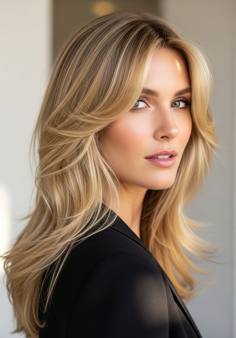 Voluminous blonde hair extensions with face-framing layers, finished at Leo & Simon Hair Salon in Eton near Windsor