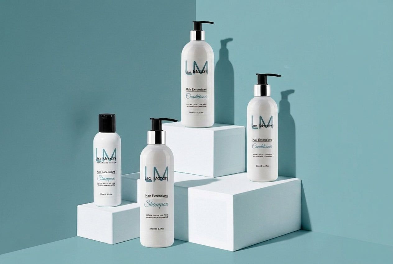 Leo Mancini Haircare extensions-safe shampoo and conditioner bottles