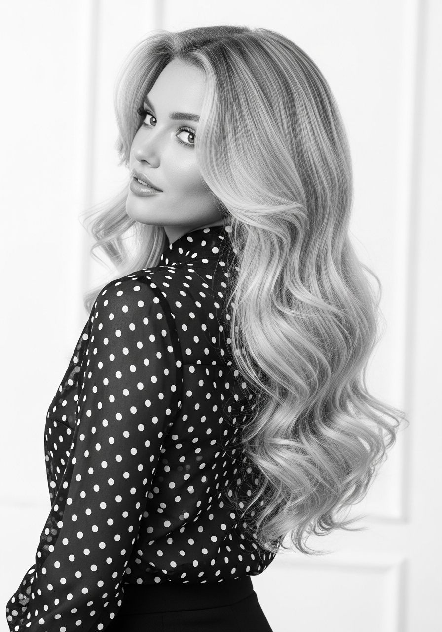 Long wavy blonde hair extensions with editorial finish at Leo & Simon Hair Salon in Eton near Windsor